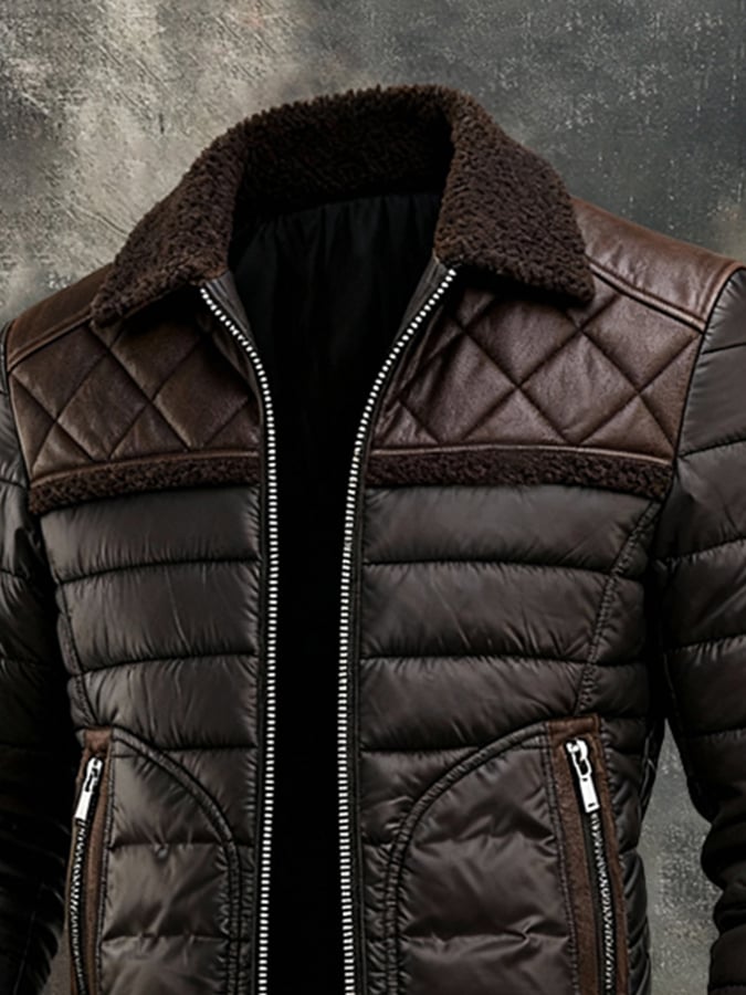 BROWN QUILTED JACKET WITH WARM SHERPA COLLAR