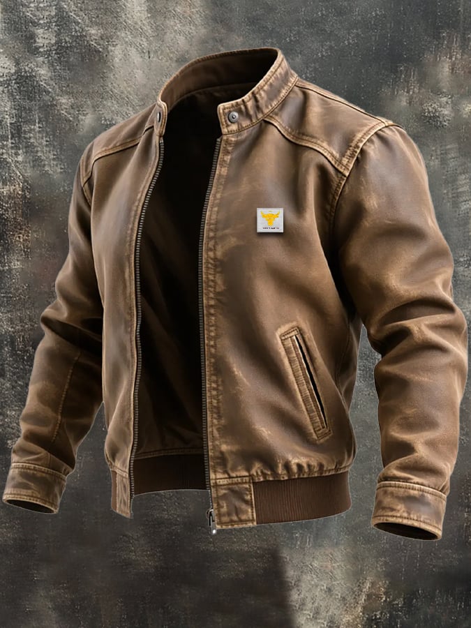 BROWN DISTRESSED LEATHER JACKET WITH CLASSIC CUT