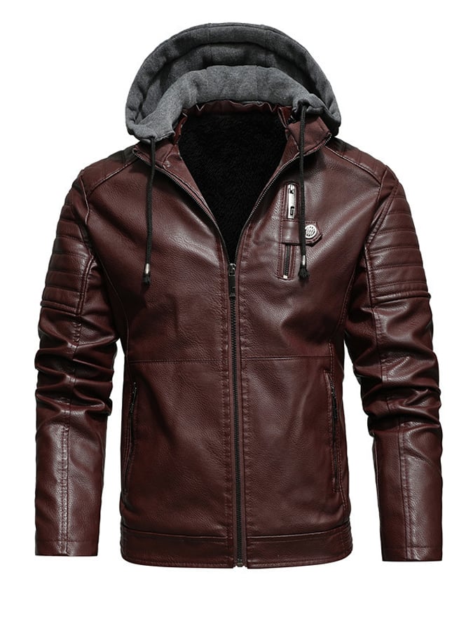 ZIPPERED LEATHER EFFECT HOODED JACKET WITH LINING