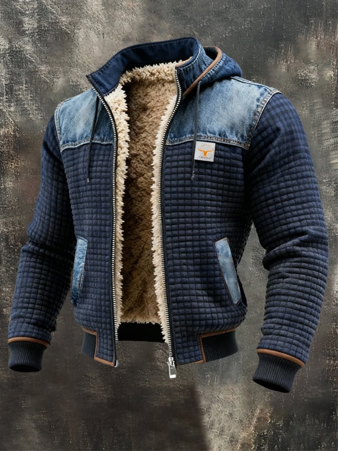 NAVY QUILTED JACKET WITH DENIM DETAILS