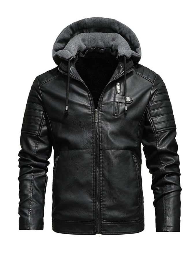 ZIPPERED LEATHER EFFECT HOODED JACKET WITH LINING