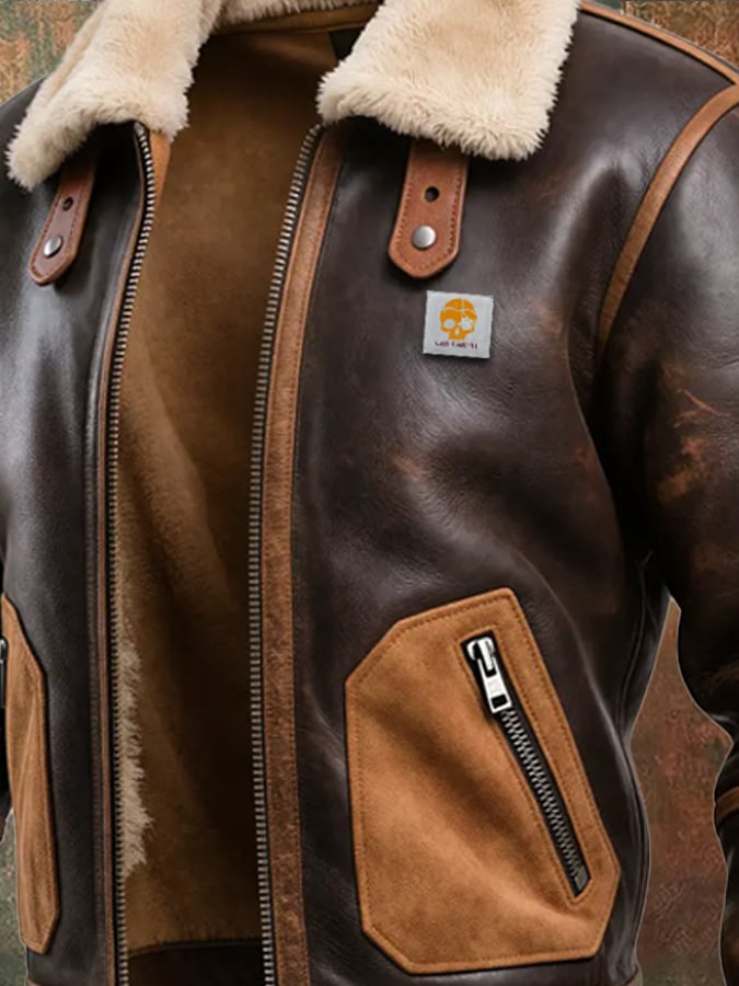 BROWN LEATHER WARM JACKET WITH SHERPA COLLAR