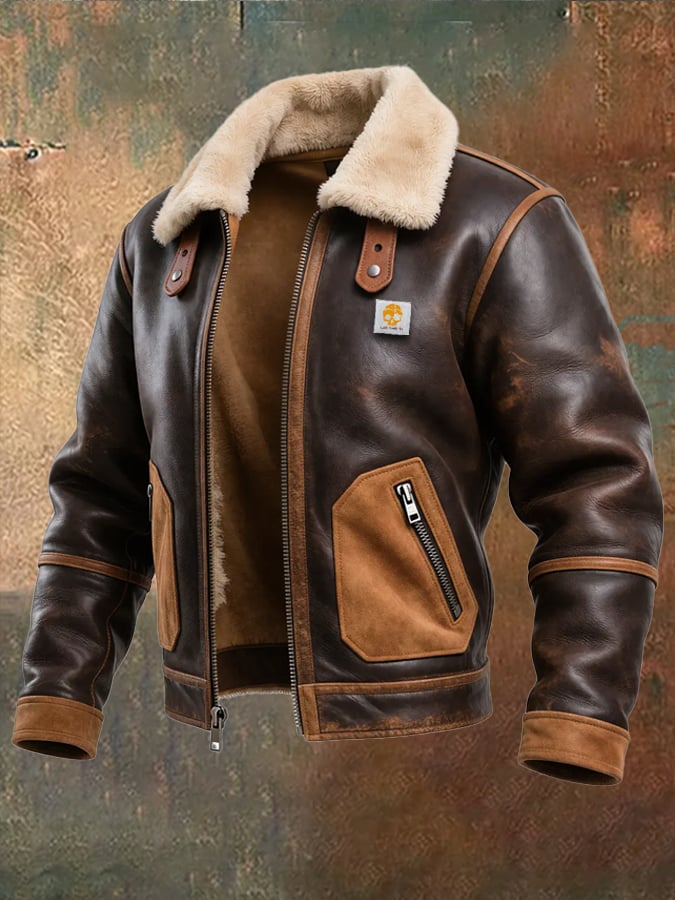 BROWN LEATHER WARM JACKET WITH SHERPA COLLAR