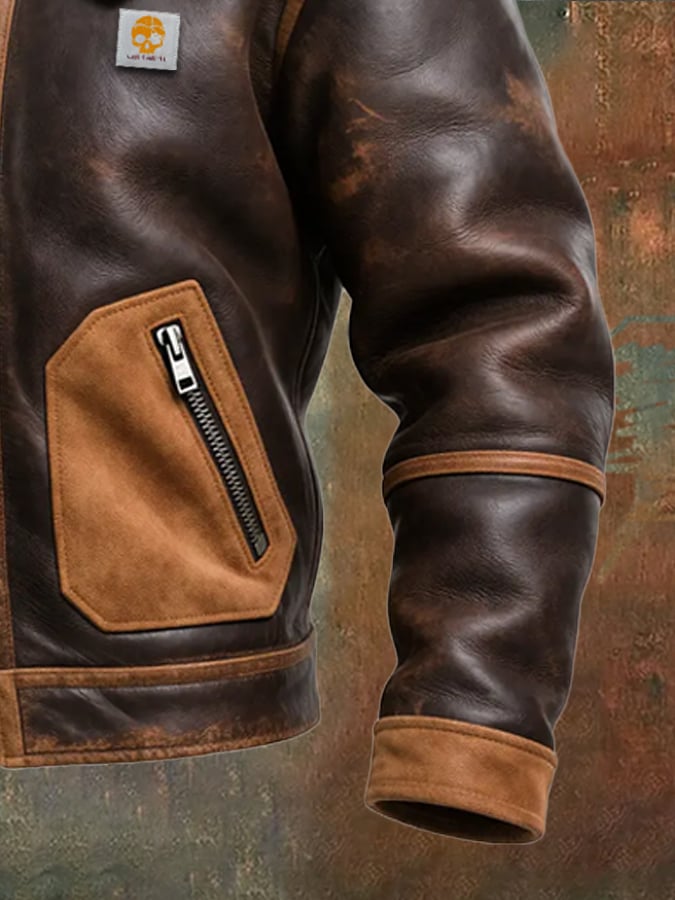 BROWN LEATHER WARM JACKET WITH SHERPA COLLAR