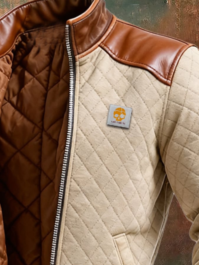 BEIGE QUILTED JACKET WITH LEATHER INSERTS