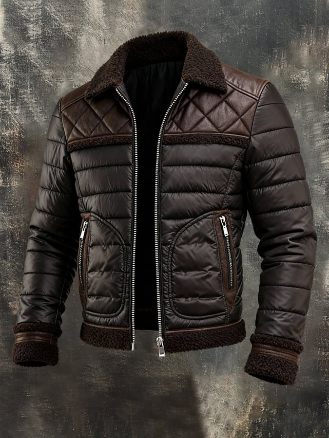 BROWN QUILTED JACKET WITH WARM SHERPA COLLAR
