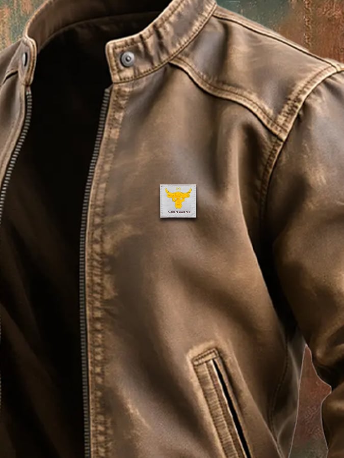 BROWN DISTRESSED LEATHER JACKET WITH CLASSIC CUT