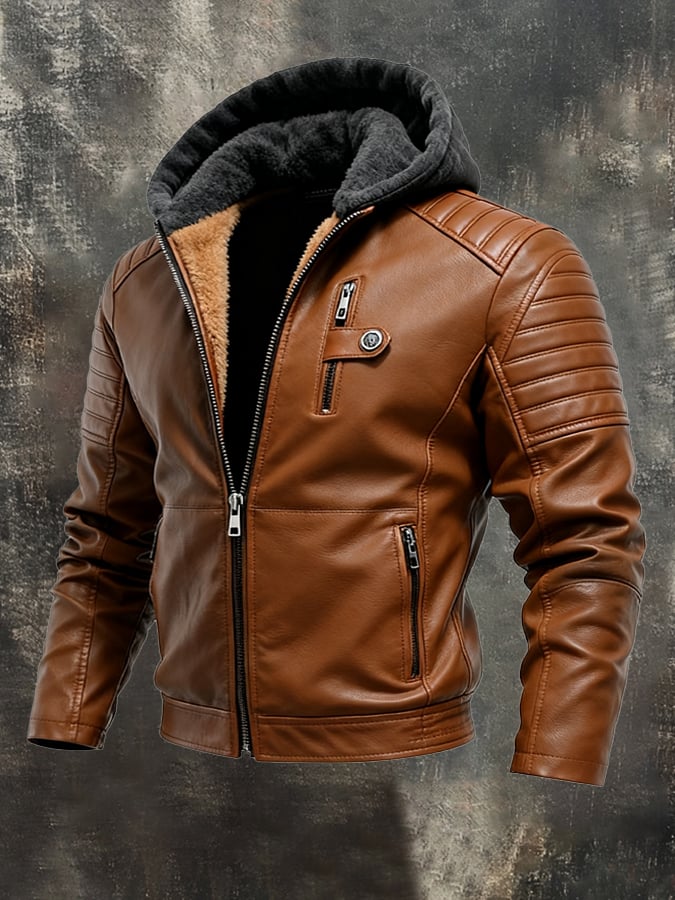 ZIPPERED LEATHER EFFECT HOODED JACKET WITH LINING