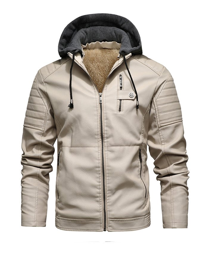 ZIPPERED LEATHER EFFECT HOODED JACKET WITH LINING