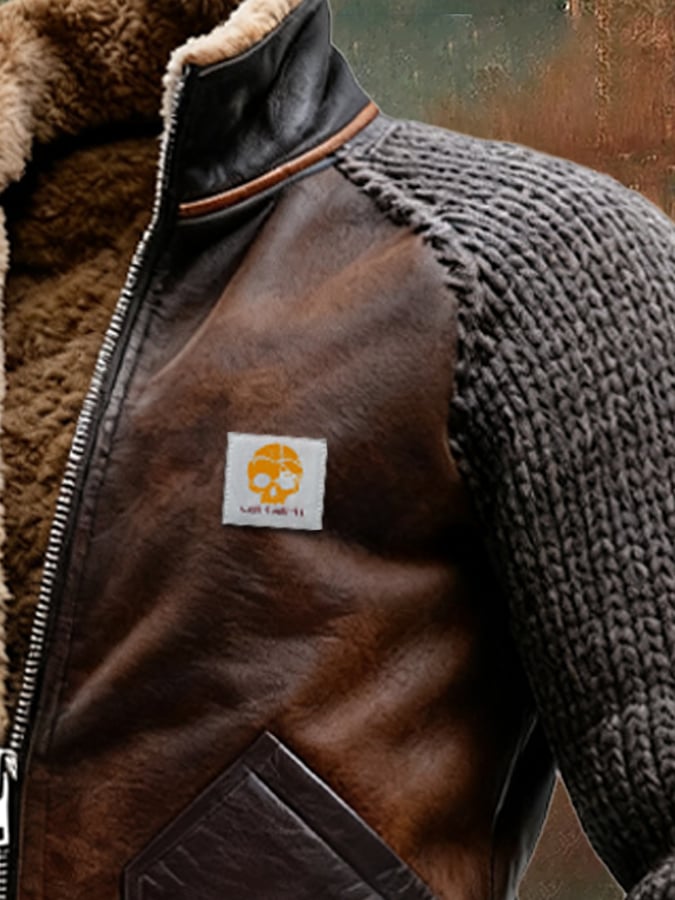 LEATHER AND KNIT JACKET WITH WARM SHERPA LINING