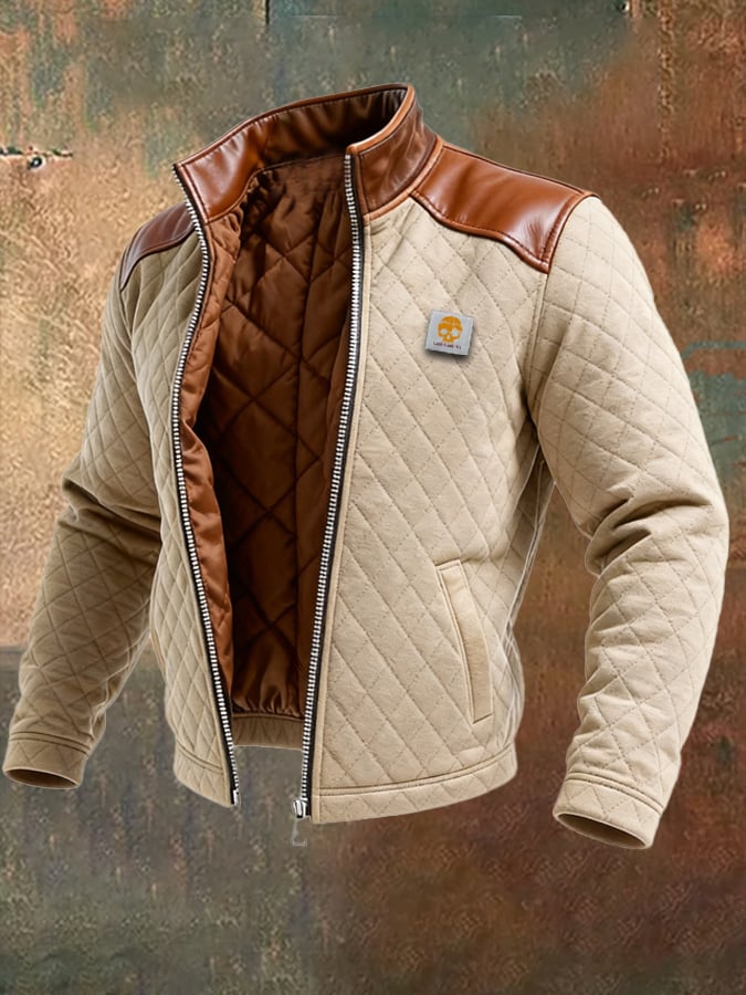 BEIGE QUILTED JACKET WITH LEATHER INSERTS