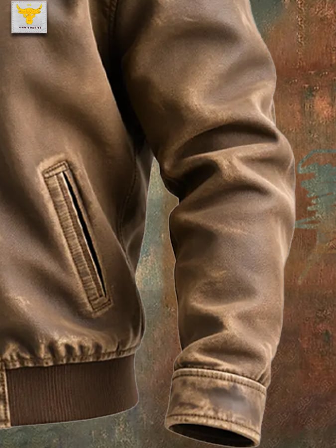 BROWN DISTRESSED LEATHER JACKET WITH CLASSIC CUT