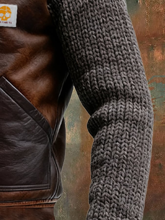 LEATHER AND KNIT JACKET WITH WARM SHERPA LINING