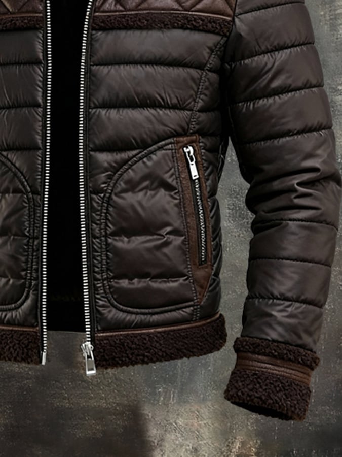 BROWN QUILTED JACKET WITH WARM SHERPA COLLAR
