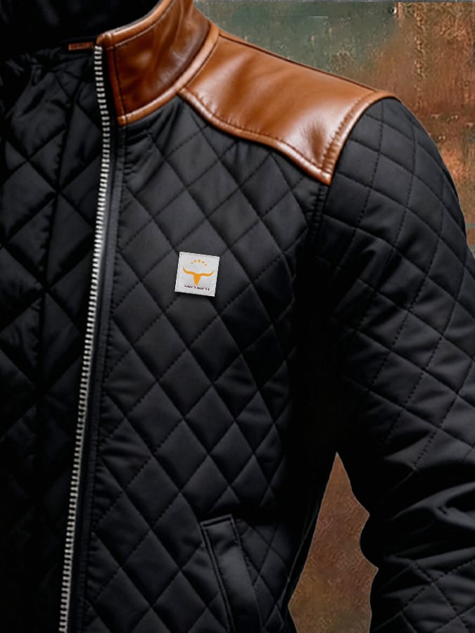 BLACK QUILTED JACKET WITH LEATHER SHOULDERS